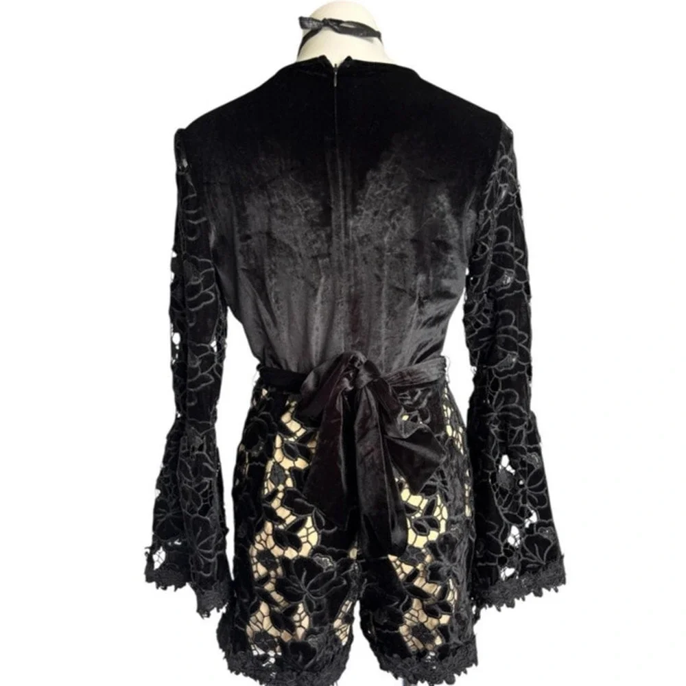 Whimsigoth Black Lace Velvet Super Bell Sleeve Romper Vampire Dark Romantic - Picture 4 of 7